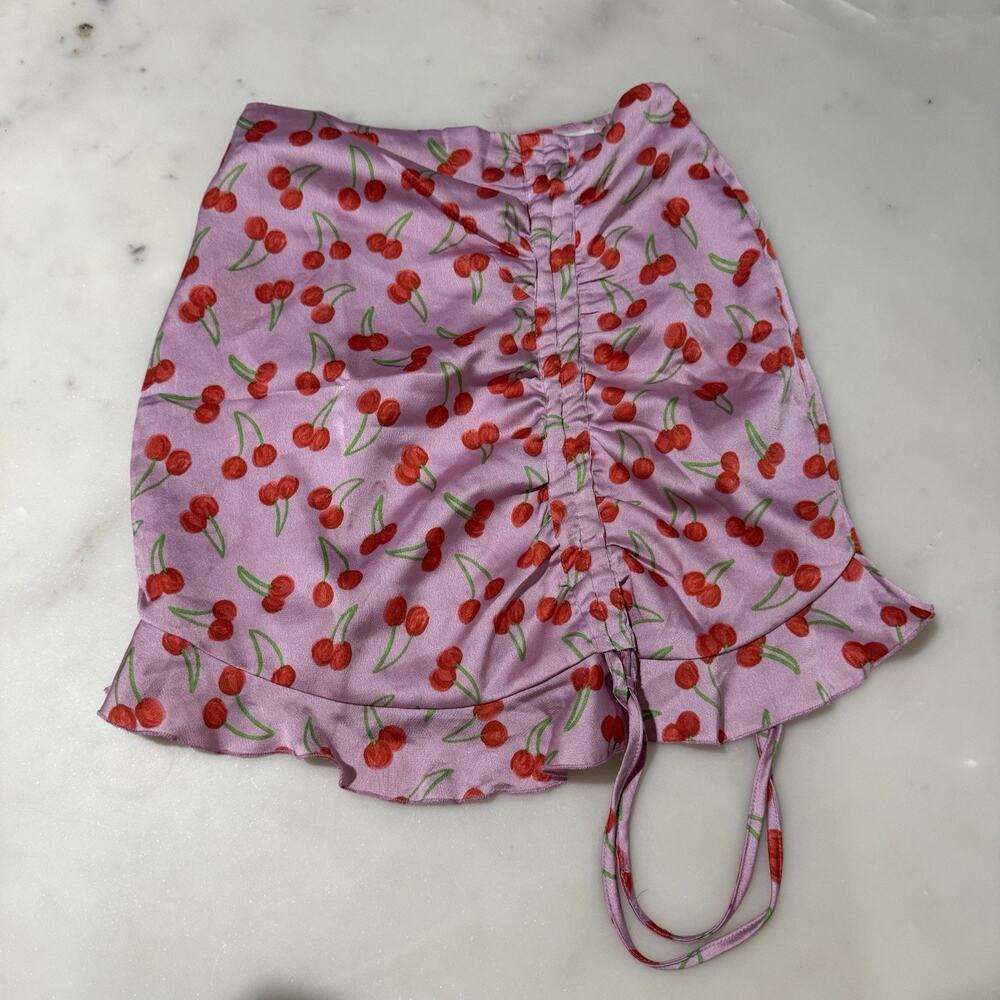 Y2K BBWM Women's S Pink Cherry Print Ruched Ruffle Short Skirt Coquette Kawaii